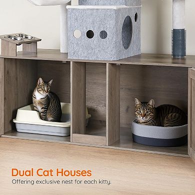 63.4" Cat Tree with 47.2" Dual Hidden Litter Box Enclosure with Feeding Bowls, Scratching Posts