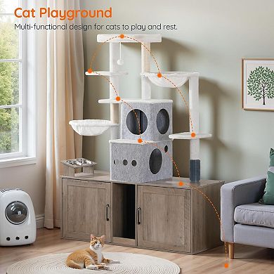 63.4" Cat Tree with 47.2" Dual Hidden Litter Box Enclosure with Feeding Bowls, Scratching Posts