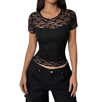 Women's Crew Neck Short Sleeve Sheer Lace Floral Print Fitted Crop Top with Scalloped Hem