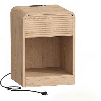 ZUQIETA Fluted Nightstand Set of 2 with Charging Station, Drawer & LED, Mid-Century Natural Oak