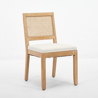 Farmhouse Rattan Dining Chairs with Upholstered Seat and Solid Wood Frame Set of 2