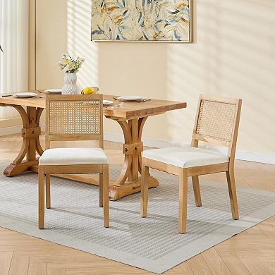 Farmhouse Rattan Dining Chairs with Upholstered Seat and Solid Wood Frame Set of 2