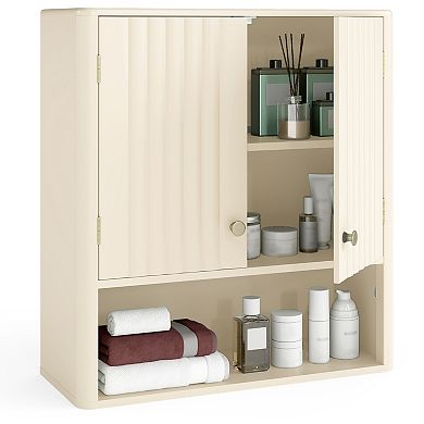 Fluted Bathroom Wall Storage Cabinet with Open Shelf Organizer