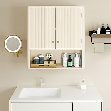 Fluted Bathroom Wall Storage Cabinet with Open Shelf Organizer