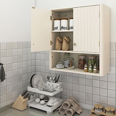 Fluted Bathroom Wall Storage Cabinet with Open Shelf Organizer