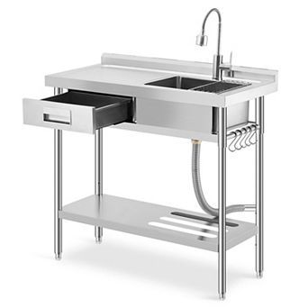 Freestanding Utility Sink with Workbench, 39.5" Single Bowl w/Hot/Cold Pull-Out Faucet(Left Drawer)