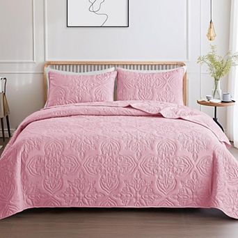 Pink Queen Quilt Set! Vintage Damask, 3 pc Ultra Soft & Lightweight for All Seasons.