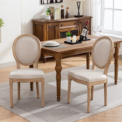 French Style Solid Wood Frame Dining Chair with Linen Fabric Back Set of 2