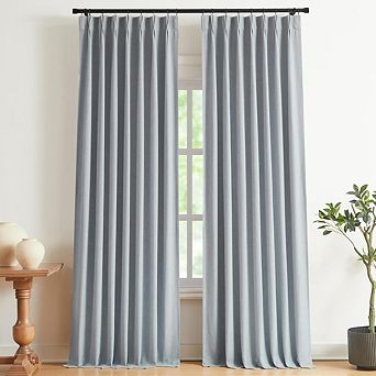 KSIZUIS Blue Gray Full Blackout Curtains - 90" Pinch Pleated Linen Blend, Thermal Insulated Set