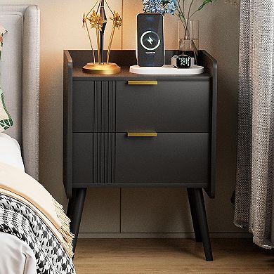 ZUQIETA Modern Black Nightstand with 2 Storage Drawers, Wooden Side Table for Small Spaces