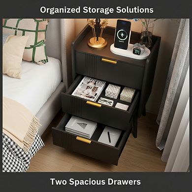 ZUQIETA Modern Black Nightstand with 2 Storage Drawers, Wooden Side Table for Small Spaces
