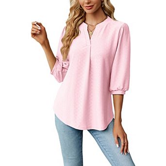 Women's V-Neck Jacquard 3/4 Puff Long Sleeve Loose Fit Blouse Casual Tunic Top Summer Blouse