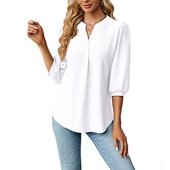 Women's V-Neck Jacquard 3/4 Puff Long Sleeve Loose Fit Blouse Casual Tunic Top Summer Blouse