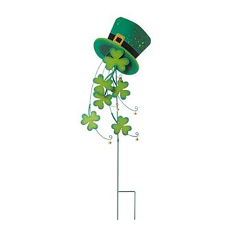 Glitzhome 42"H Durable St. Patrick's Metal Leprechaun Hat Shamrocks Yard stake