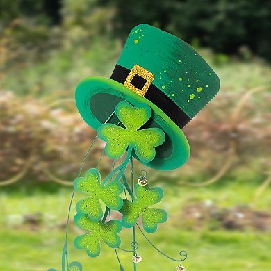 Glitzhome 42"H Durable St. Patrick's Metal Leprechaun Hat Shamrocks Yard stake