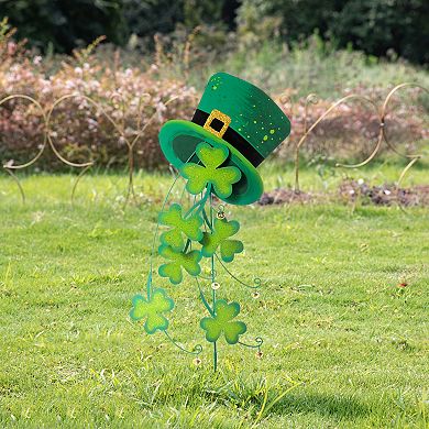 Glitzhome 42"H Durable St. Patrick's Metal Leprechaun Hat Shamrocks Yard stake