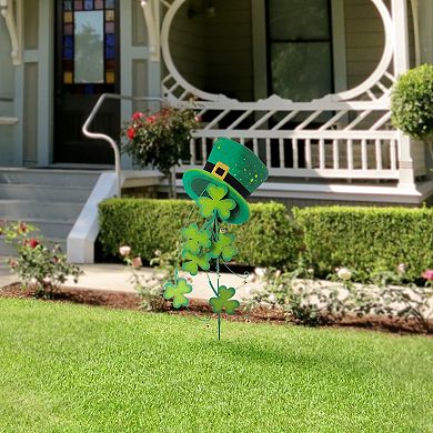 Glitzhome 42"H Durable St. Patrick's Metal Leprechaun Hat Shamrocks Yard stake