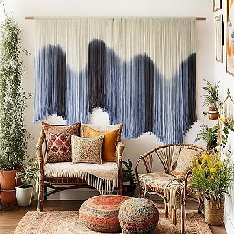 KSIZUIS Handmade Macrame Wall Hanging - Large Blue Dip-Dyed Boho Tapestry, 57”x39”