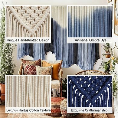 KSIZUIS Handmade Macrame Wall Hanging - Large Blue Dip-Dyed Boho Tapestry, 57”x39”