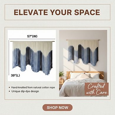 KSIZUIS Handmade Macrame Wall Hanging - Large Blue Dip-Dyed Boho Tapestry, 57”x39”