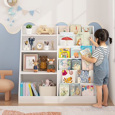 Kids' Book and Toy Storage Organizer, 4-Tier Multifunctional Wooden Display Shelf, White