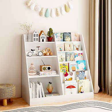 Kids' Book and Toy Storage Organizer, 4-Tier Multifunctional Wooden Display Shelf, White