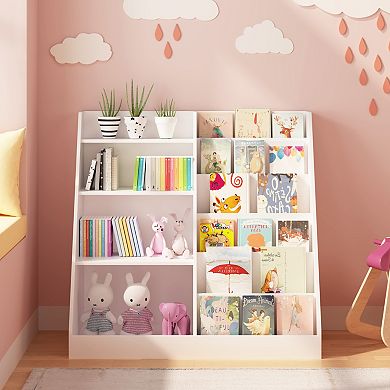 Kids' Book and Toy Storage Organizer, 4-Tier Multifunctional Wooden Display Shelf, White