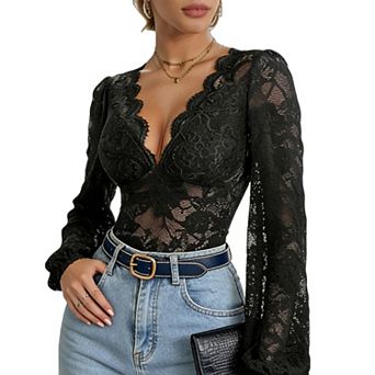 Women's Sheer Floral Lace Long Sleeve Bodysuit Deep V-Neck Bell Sleeve Leotard Shirt