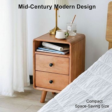 ZUQIETA Solid Wood Mid-Century Nightstand with 2 Drawers, Cherry Bedside End Table