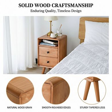 ZUQIETA Solid Wood Mid-Century Nightstand with 2 Drawers, Cherry Bedside End Table