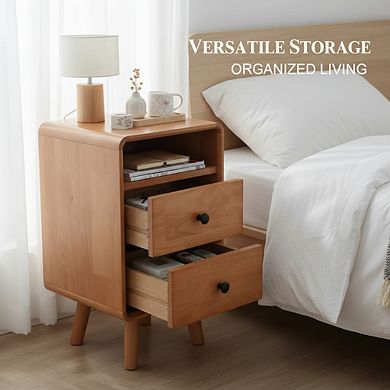 ZUQIETA Solid Wood Mid-Century Nightstand with 2 Drawers, Cherry Bedside End Table