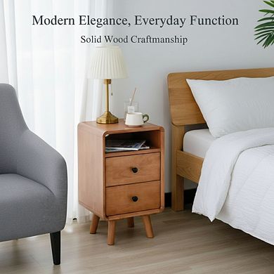ZUQIETA Solid Wood Mid-Century Nightstand with 2 Drawers, Cherry Bedside End Table