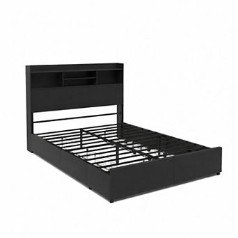 Lufeiya Queen Platform Bed Frame with 6 Storage Drawers, Headboard with Charging Station, LED Shelf