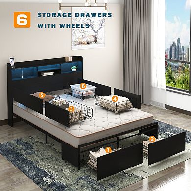 Lufeiya Queen Platform Bed Frame with 6 Storage Drawers, Headboard with Charging Station, LED Shelf