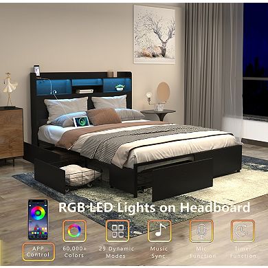 Lufeiya Queen Platform Bed Frame with 6 Storage Drawers, Headboard with Charging Station, LED Shelf