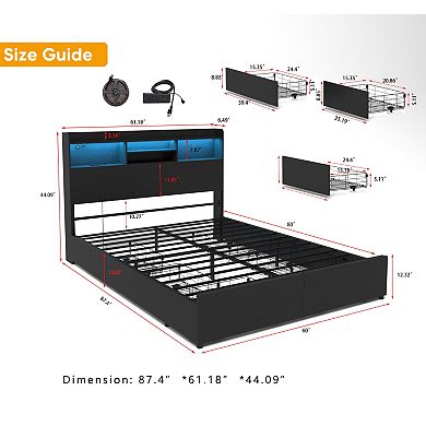 Lufeiya Queen Platform Bed Frame with 6 Storage Drawers, Headboard with Charging Station, LED Shelf