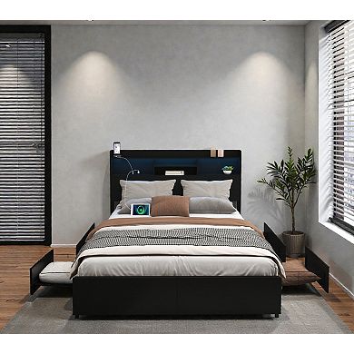 Lufeiya Queen Platform Bed Frame with 6 Storage Drawers, Headboard with Charging Station, LED Shelf