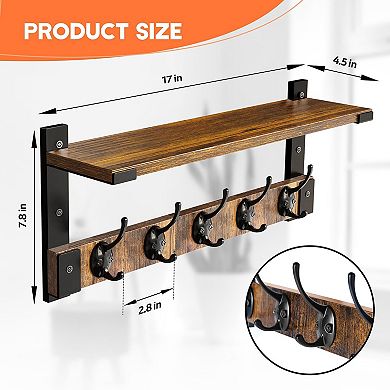 Coat Wall Shelf With Hooks for Entryway Storage 17”