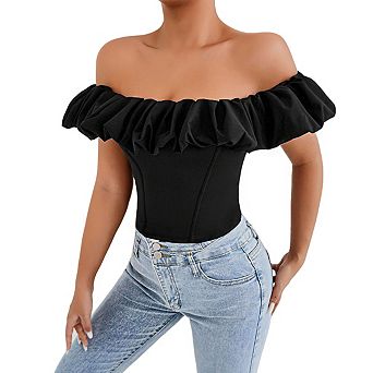Women's Off The Shoulder Ruffle Trim Short Sleeve Fitted Crop Top