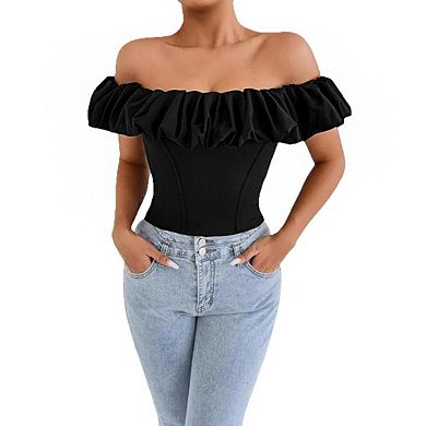 Women's Off The Shoulder Ruffle Trim Short Sleeve Fitted Crop Top