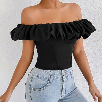 Women's Off The Shoulder Ruffle Trim Short Sleeve Fitted Crop Top