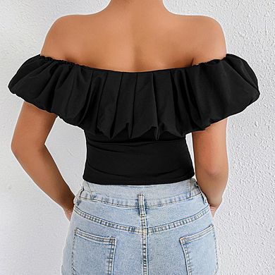 Women's Off The Shoulder Ruffle Trim Short Sleeve Fitted Crop Top