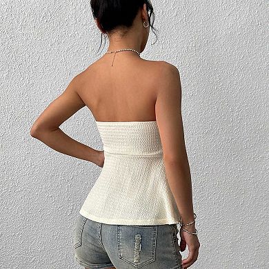 Women's Strapless Peplum Tube Top, Solid Color Ruched Waist Slim Fit Bandeau Top