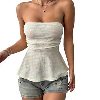 Women's Strapless Peplum Tube Top, Solid Color Ruched Waist Slim Fit Bandeau Top