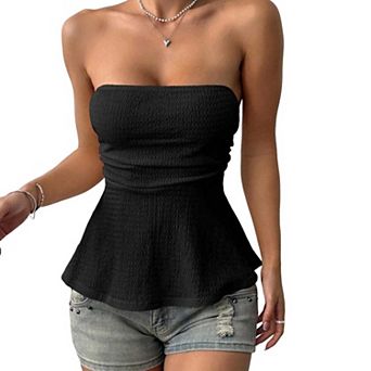 Women's Strapless Peplum Tube Top, Solid Color Ruched Waist Slim Fit Bandeau Top