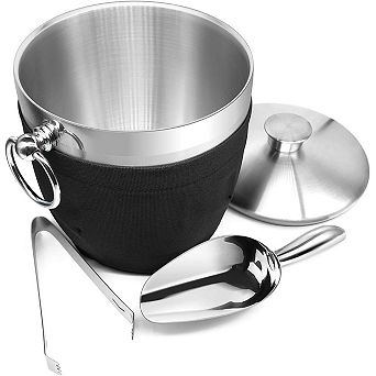 2.8 L Stainless Steel Ice Bucket, Double Wall Wine Cooler with Ice Tongs, Scoop, and Holder