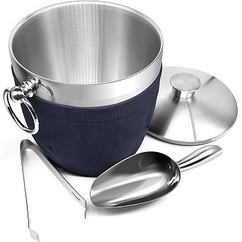 2.8 L Stainless Steel Ice Bucket, Double Wall Wine Cooler with Ice Tongs, Scoop, and Holder