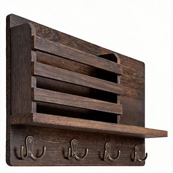 Wall Mount Mail & Key Holder with Hooks and Shelf
