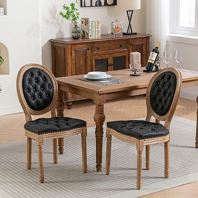 French Style Solid Wood Frame Dining Chair with PU Leather Upholstery and Nailhead Trim Set of 2