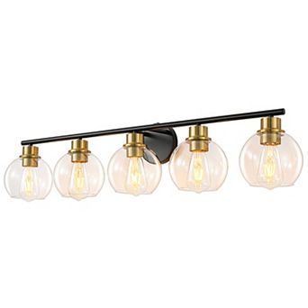 POWLIG 38.98" 5-Light Dimmable Bathroom Vanity Light - Black&Gold Finish with Clear Glass Shades